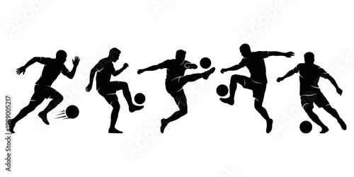 Set of soccer player silhouettes in action poses. Dynamic black vector collection showing dribbling, kicking, and running movements, perfect for sports design.