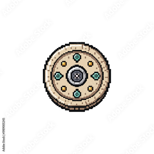 This is a pixel art illustration of a round, decorative shield featuring a central silver boss and colorful gemstone accents on a beige surface.