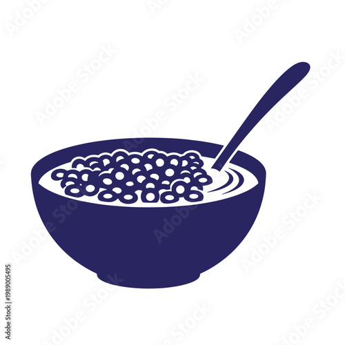 Dark blue bowl of cereal with milk and spoon on white background, breakfast