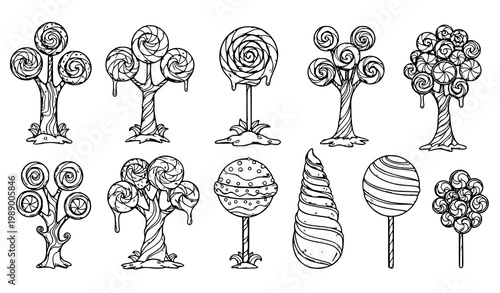 A set of whimsical candy trees and lollipops in a simple line art style