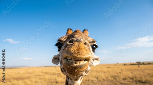 Photos Close-up of a smiling giraffe in a sunny savannah landscape, funny animal, meme