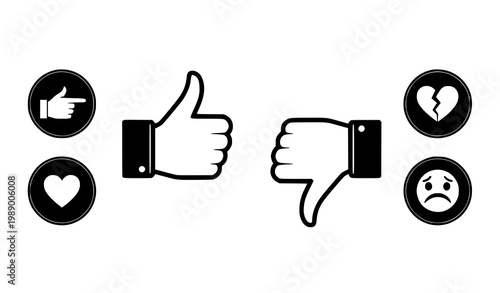 A set of vector graphic icons representing thumbs up and down with emotions