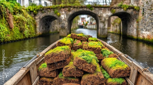 Narrow Boat Overloaded with Unevenly Stacked Clay Bricks in Canal Setting