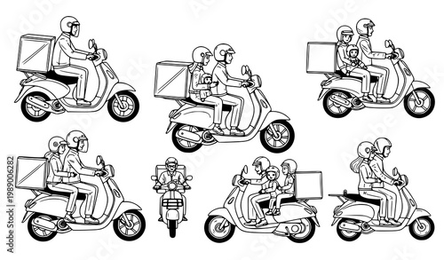 A set of black and white illustrations of people riding scooters with delivery boxes
