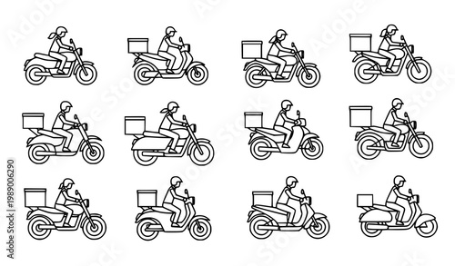 A set of minimalist illustrations of delivery riders on motorcycles