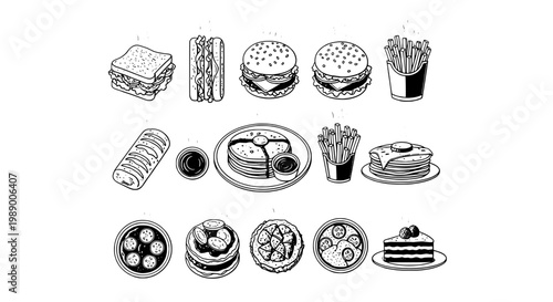 Food illustration set with burgers, fries, pizza, and desserts featuring sandwich, sushi, pancakes with donuts and cake elements for meal, snack