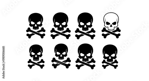Skull and crossbones icons set with various black and white designs and styles, symbolizing danger and warning.