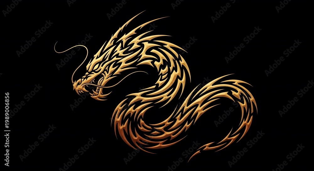 Fototapeta premium Elegant Golden Dragon Illustration with Black Background