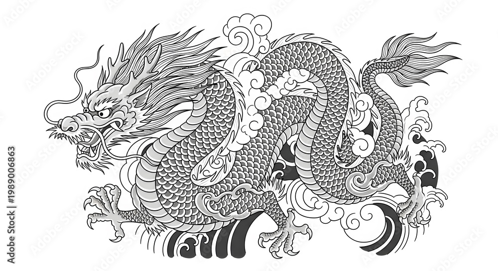 Fototapeta premium Intricate Black and White Traditional Dragon Illustration