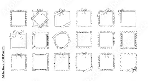 Frames doodle set with blank square and ribbon decorated borders for scrapbooking and photo albums with various shapes and bows