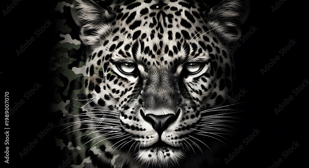 Obraz premium Close-up of a Fierce Gray Leopard with Intense Gaze on Black Background