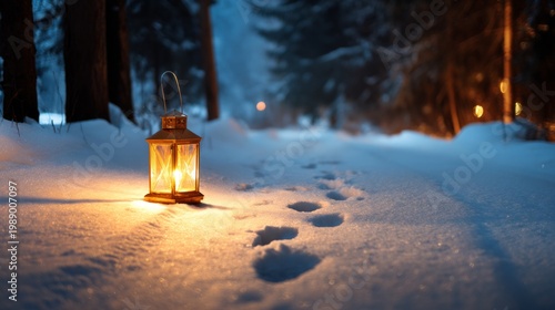 Warm Lantern on Snowy Pathway Leading into a Dim Forest at Dusk