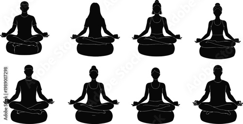 Yoga meditation poses on cushions.