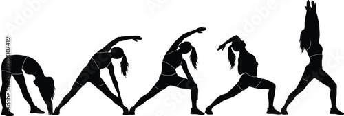 Woman doing yoga stretching poses silhouette.