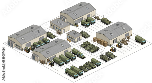 Isometric 3D illustration of a military base showing army barracks and vehicles arranged for strategic planning and logistics in a detailed map layout, revealing the concept