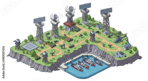 Fotografi Isometric 3D illustration shows a military base with radar towers, vehicles, and