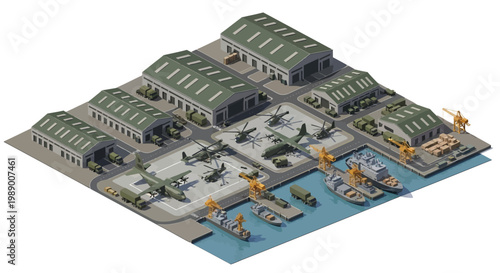 Isometric illustration showing a detailed 3D military base featuring various aircraft, warships, and support vehicles, set against a neutral gray background, showcasing strategic planning