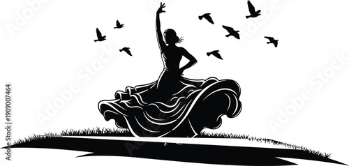 Flamenco dancer silhouette with flying birds.