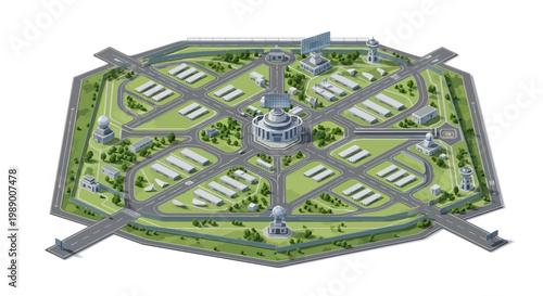 Photography Isometric 3D illustration showcases a military base with barracks, headquarters,