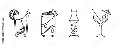 Collection of refreshing beverage icons including a glass with a lemon slice, a fizzy soda can, a juice bottle, and a cocktail with an umbrella