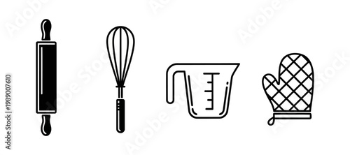 Collection of fundamental baking utensils and equipment icons, featuring a rolling pin, whisk, measuring cup, and oven mitt, ideal for home kitchen activities and pastry making
