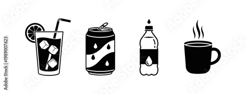 Set of diverse beverage icons featuring a cold drink with ice, a soda can, bottled water, and a steaming hot cup, illustrating a range of refreshment options for any design