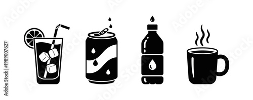 Vector illustrations depicting a variety of common beverages, from refreshing iced drinks and canned sodas to bottled water and a cozy hot mug, perfect for web design elements and menus