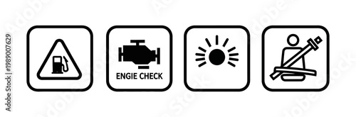Vector set of essential automotive dashboard warning and indicator lights, depicting symbols for engine check, low fuel, headlights, and seatbelt safety awareness