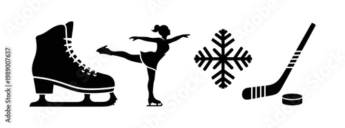 Diverse graphic collection of ice sports and winter activity silhouettes, featuring a classic ice skate, a graceful figure skater, a detailed snowflake, and essential hockey gear