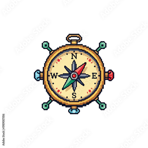 A pixelated golden maritime compass featuring cardinal directions, a multi-colored needle, and gemstone-tipped spokes on a plain white background.