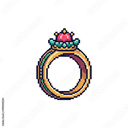 A detailed pixel art vector featuring a golden ring adorned with a vibrant red gemstone and elegant green accents, set against a white background.