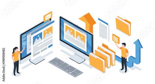 Digital asset management and file sharing concept with people interacting with computers and folders to upload or download information.