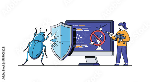 Software debugging and antivirus protection concept with a person using a gun to guard a computer from a giant blue beetle bug.