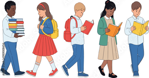 Diverse group of primary school children reading books and carrying backpacks walking to school flat vector illustration set isolated on white background for educational design