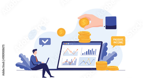 Passive income and financial independence concept showing a man on a laptop with charts and a hand adding gold coins to a pile.