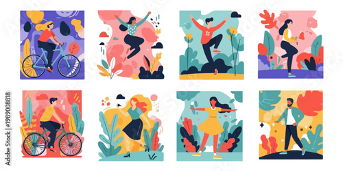 People enjoying outdoor activities in colorful illustrations.