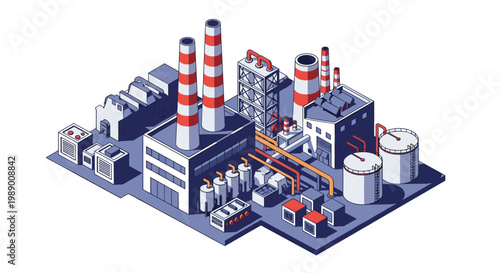 Industrial manufacturing plant facility with smoke stacks and large processing units for large scale factory production lines.