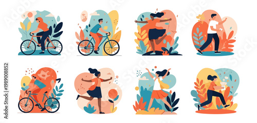 Diverse Active Lifestyles - Cycling, Yoga, Running, and Dancing Illustrations.