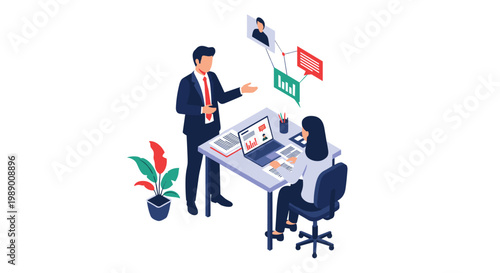 Human resources professional conducting a job interview with a candidate using a laptop and digital profile records at a desk.