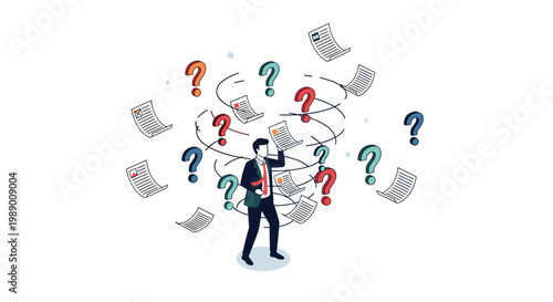 Confused businessman overwhelmed by a whirlwind of flying documents and floating question marks in a chaotic office situation.