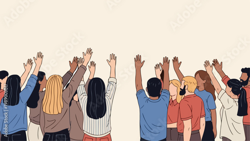 Diverse group of people raising hands in unity and support.