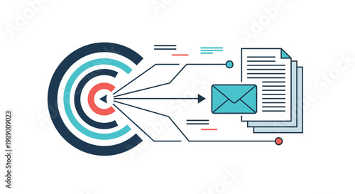 Targeted email marketing strategy showing documents and envelopes directed at a central bulls eye target for higher conversion.