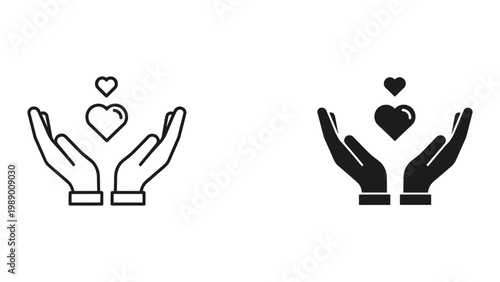 Vector illustration of hands holding hearts in line and solid styles for charity or love concepts