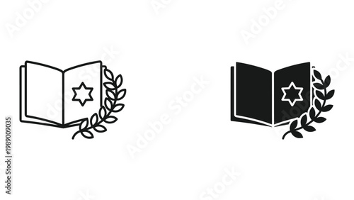 Black and white illustrations of open books with star of david and laurel wreath