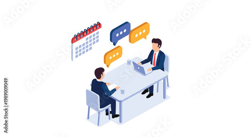Corporate recruitment interview showing a manager talking to a job applicant with a calendar and speech bubbles in an office.