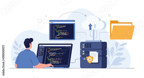 Software engineer coding and managing server databases with cloud integration and secure file storage in a tech environment.