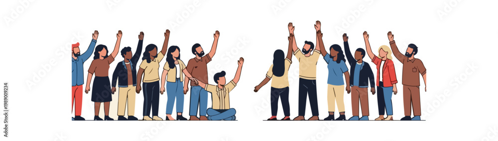 Obraz premium Diverse group of people raising hands in unity and celebration.