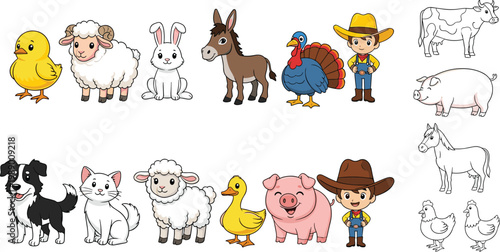 Cute cartoon farm animals and characters set, featuring happy farmer boy sheep cow pig duck turkey donkey and rabbit, rural livestock vector illustration isolated on white.
