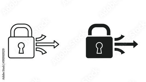 Black and white line icons of padlocks with arrows indicating security and access control