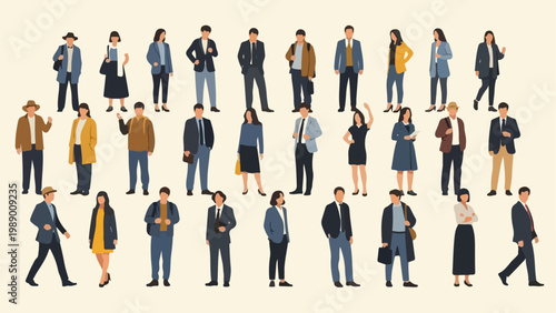 Diverse Group of People Standing and Walking in Various Outfits.